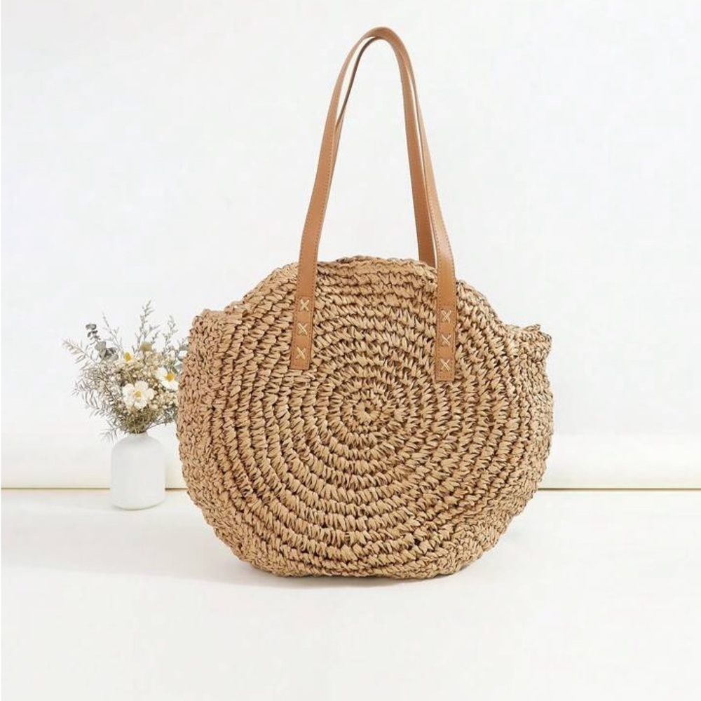 WOVEN STRAW Round Jute Tote Shoulder Bag
Tan
